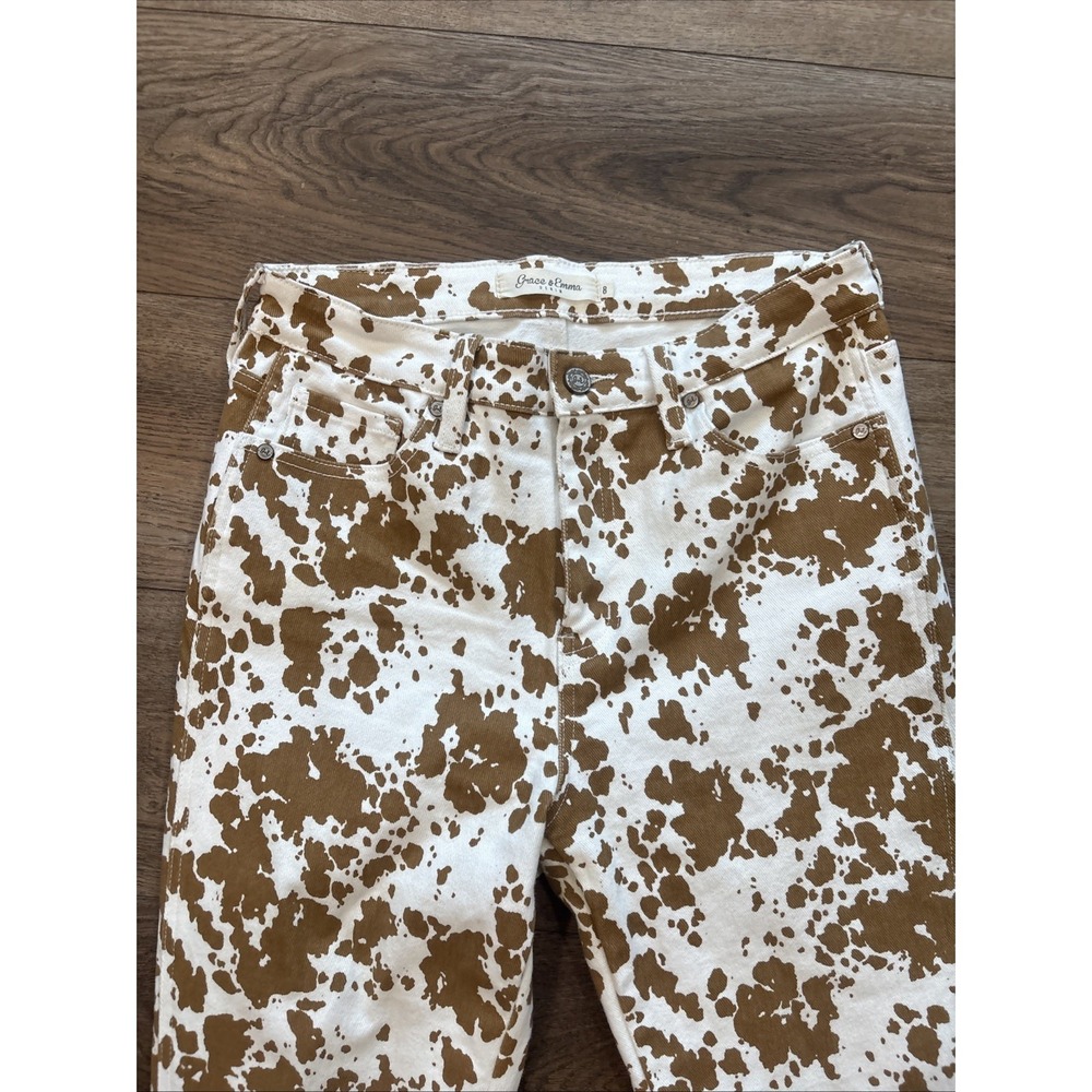 Grace & Emma Cow Print Flare Jeans Size 8 Western Bootcut Raw Hem Stretch Denim - Picture 2 of 16